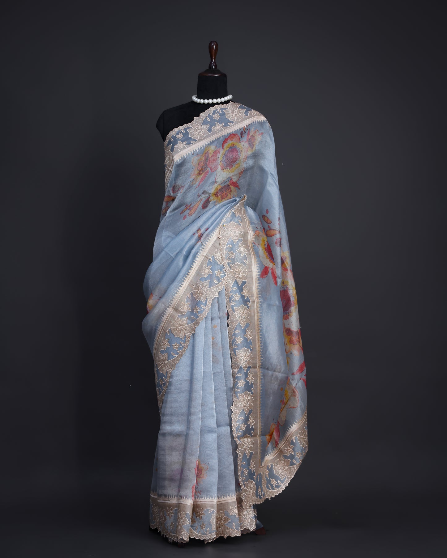 Baby Blue Print Silk Tissue Saree with Tussar Applique Border