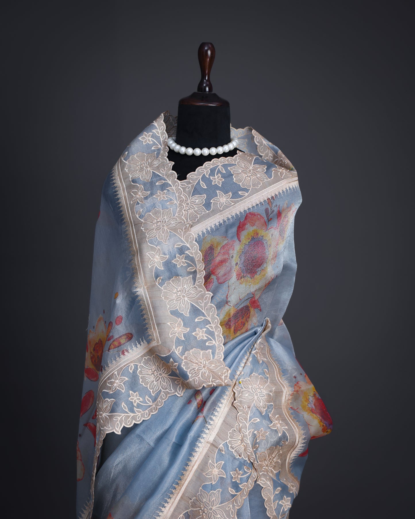 Baby Blue Print Silk Tissue Saree with Tussar Applique Border