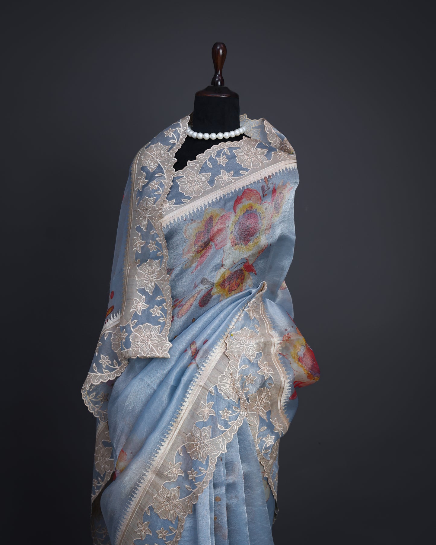 Baby Blue Print Silk Tissue Saree with Tussar Applique Border