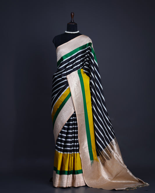 Black & White Striped Banarasi Katan Satin Saree with Handloom Zari