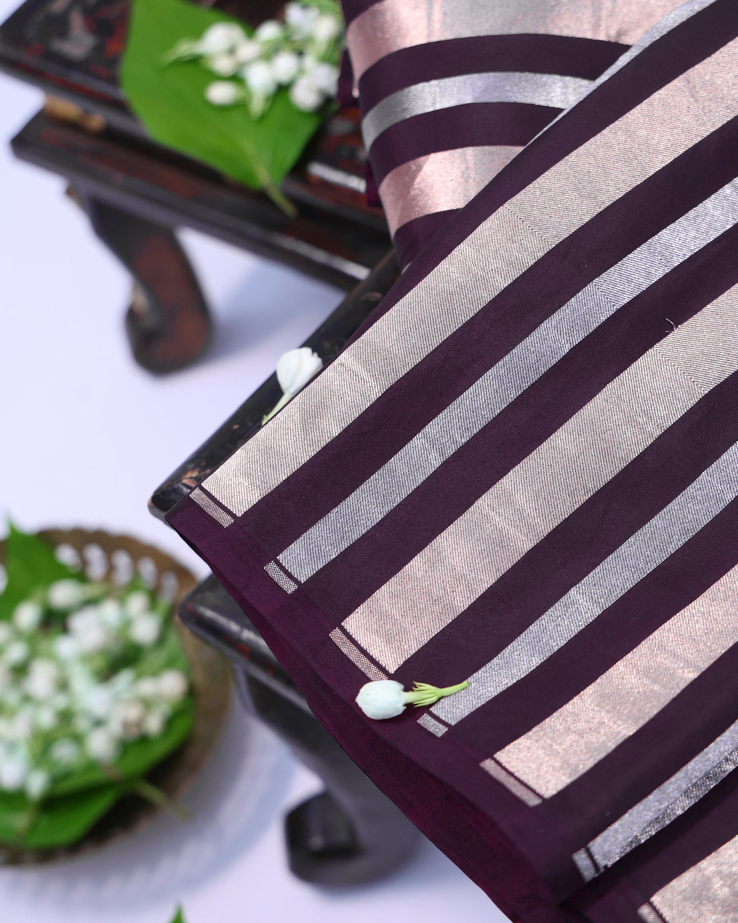 Wine Purple Banarasi Silk with Gold & Silver Stripes