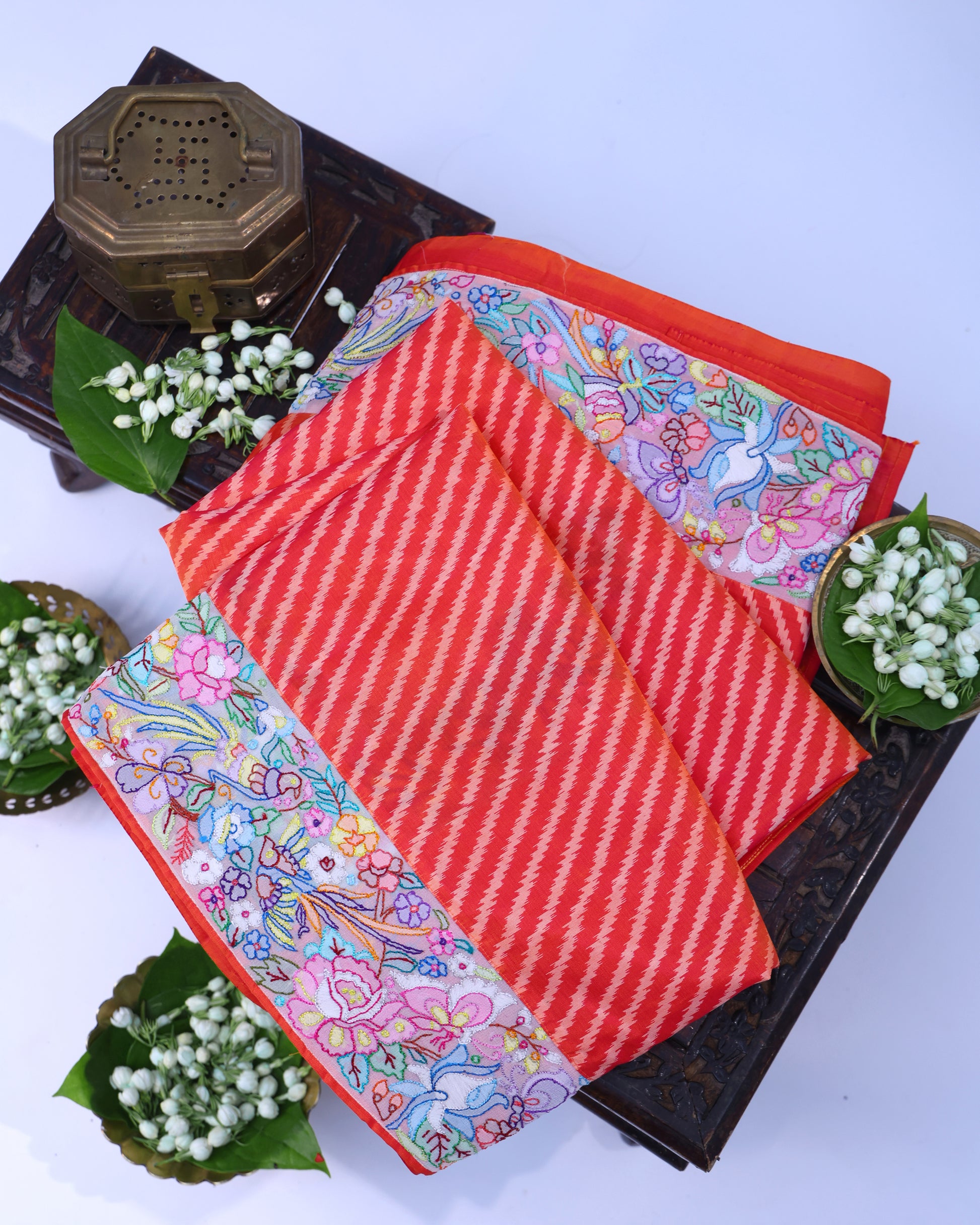 Prismatic Red Lehriya Silk Saree with Parsi Border