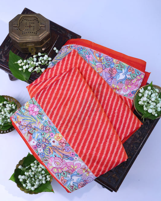 Prismatic Red Lehriya Silk Saree with Parsi Border