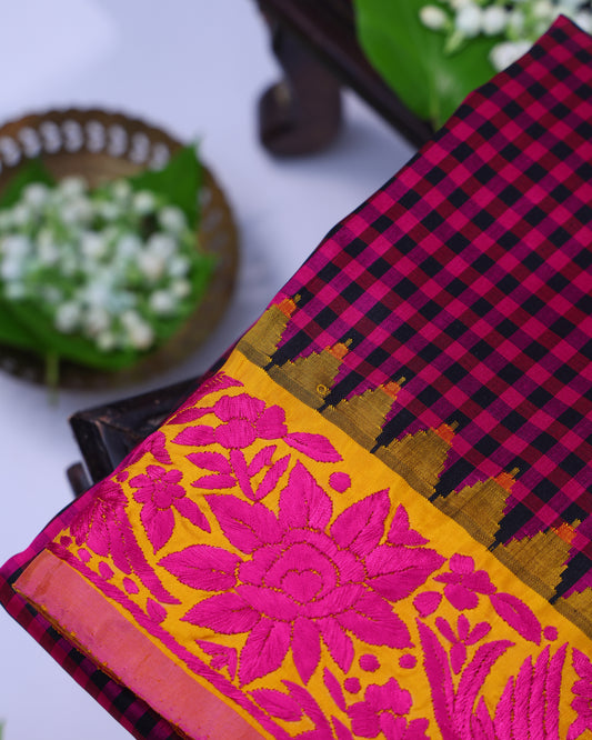 Pink Blue Checks Gadwal Saree with Parsi Border