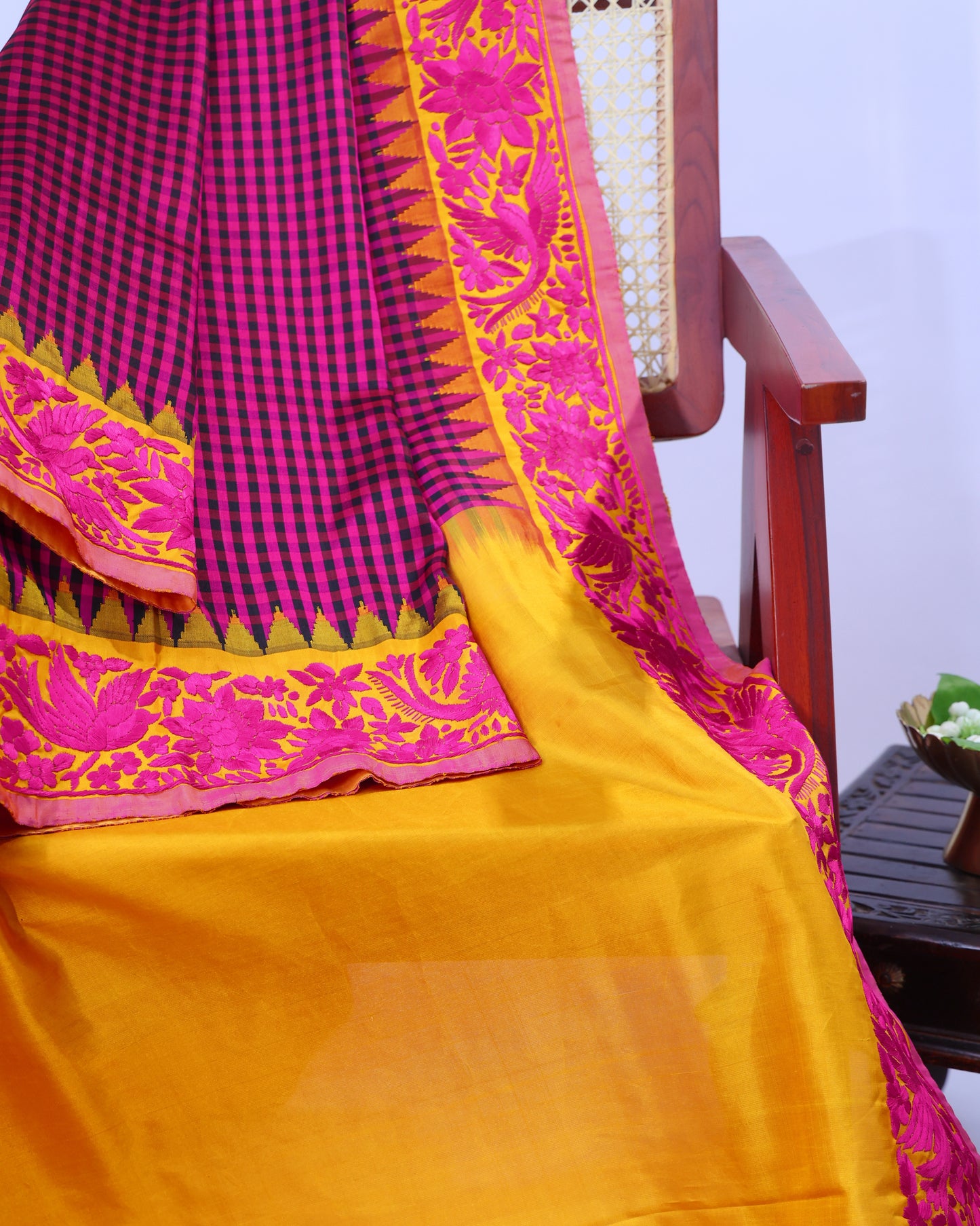 Pink Blue Checks Gadwal Saree with Parsi Border