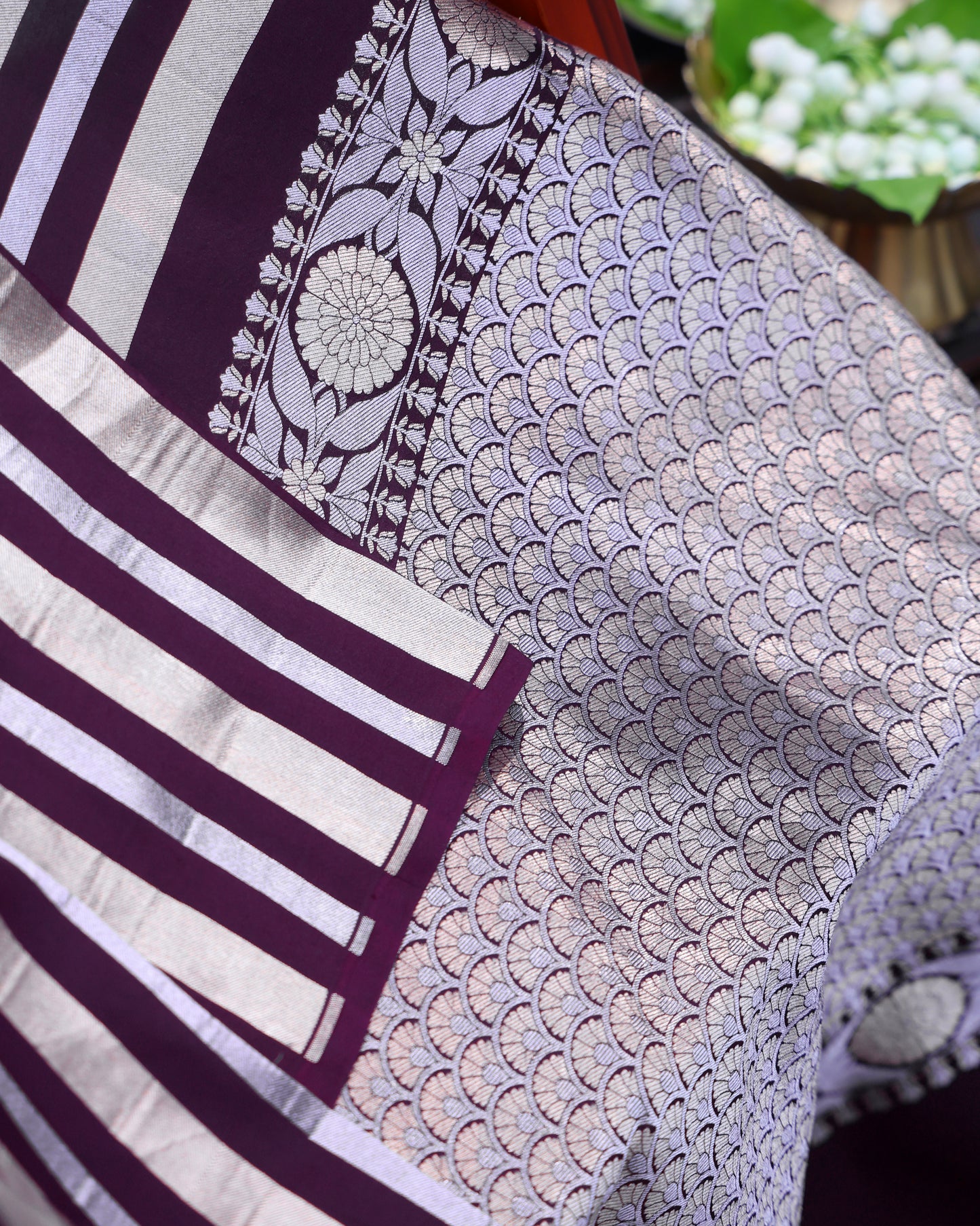 Wine Purple Banarasi Silk with Gold & Silver Stripes