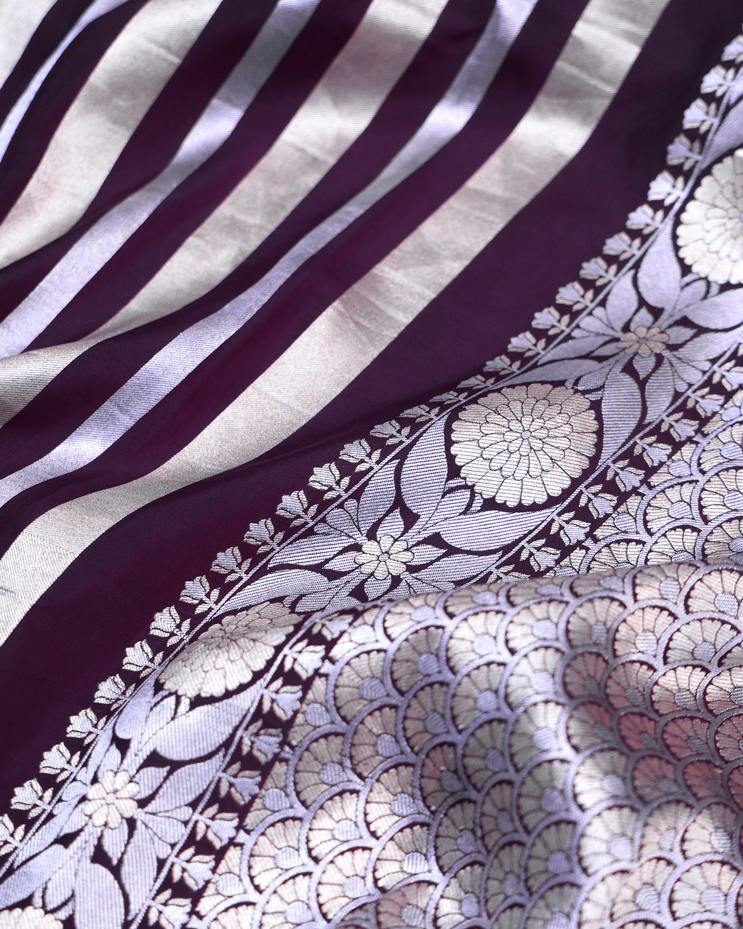 Wine Purple Banarasi Silk with Gold & Silver Stripes