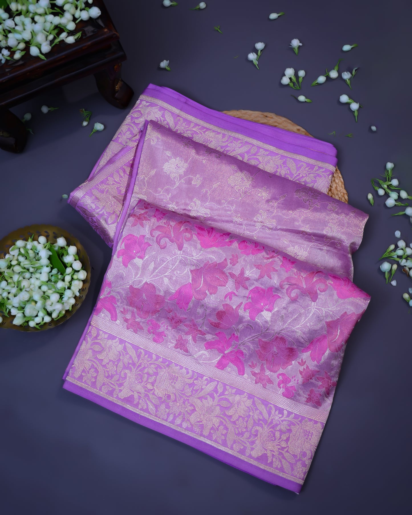 Lilac Floral Banarasi Tissue Saree