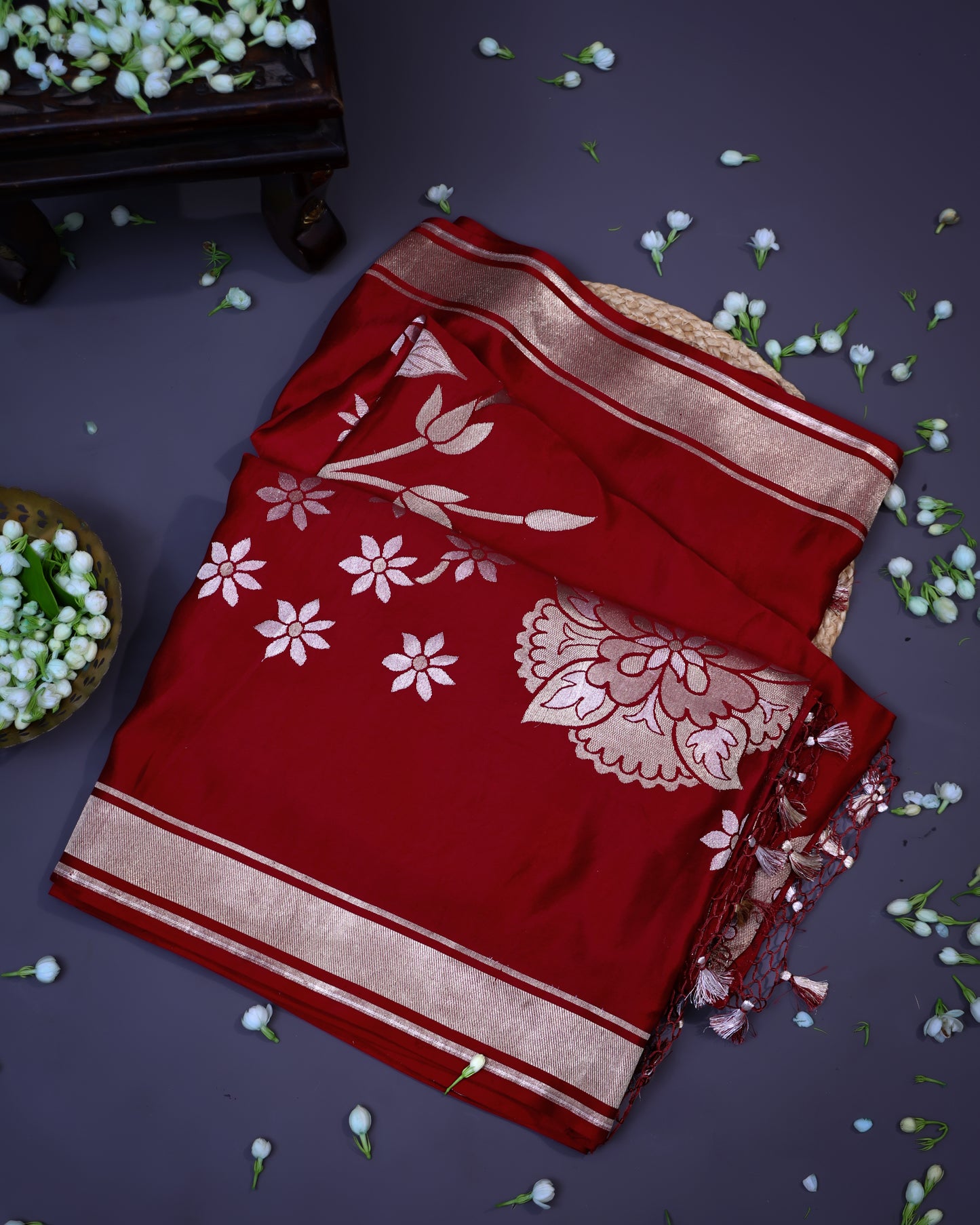 Red Designer Banarasi Katan Satin Saree with Floral Patterns