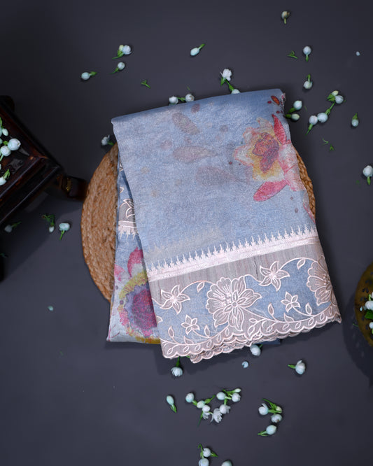 Baby Blue Print Silk Tissue Saree with Tussar Applique Border
