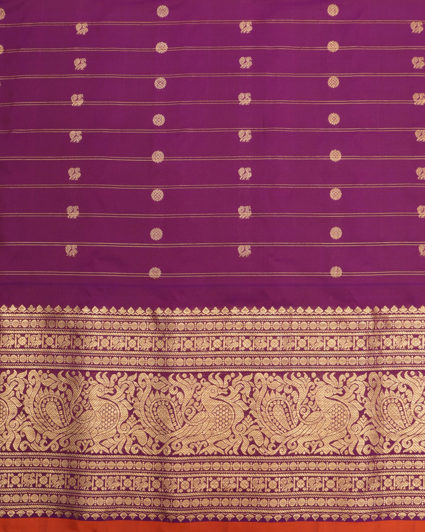 Handwoven Gadwal Silk Saree in Mustard with Gold Buttas and Contrast Purple Pallu