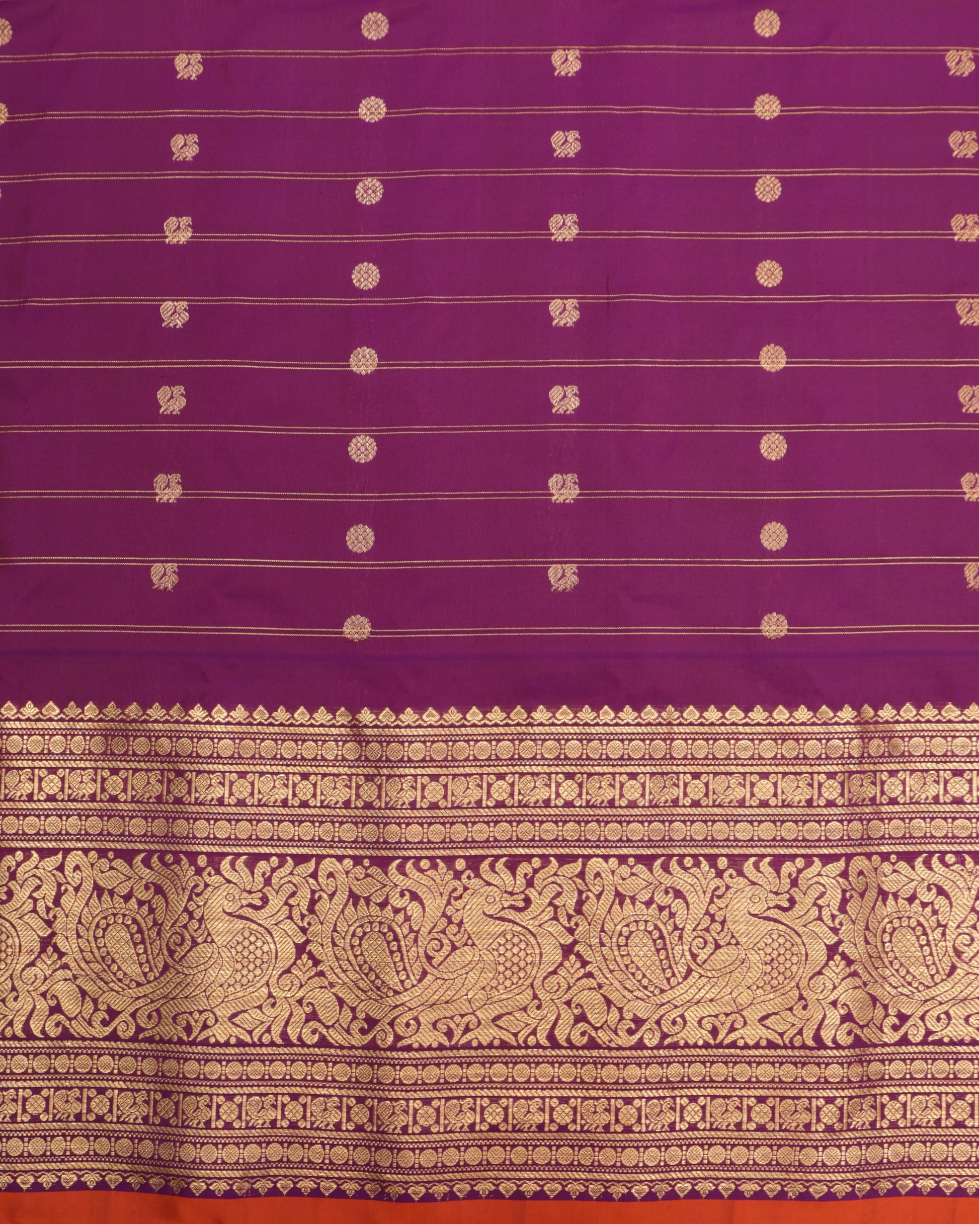 Handwoven Gadwal Silk Saree in Mustard with Gold Buttas and Contrast Purple Pallu