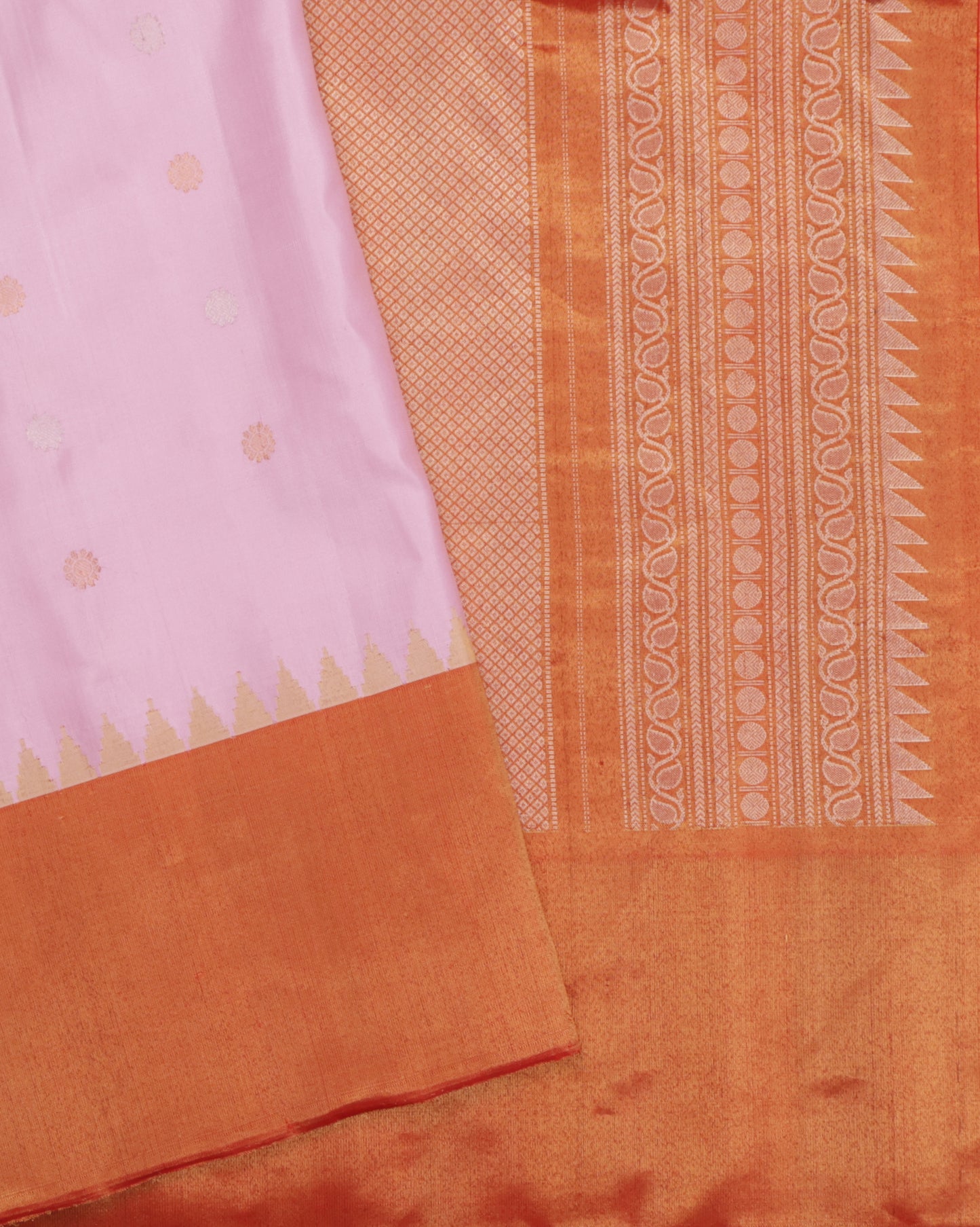 Soft pink Gadwal silk saree with orange tissue Kanchi border
