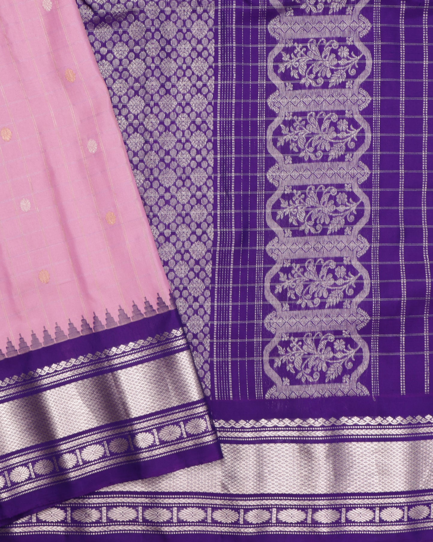 Light pink Gadwal silk saree with purple silver zari border
