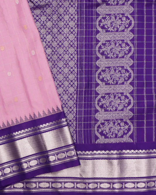 Light pink Gadwal silk saree with purple silver zari border