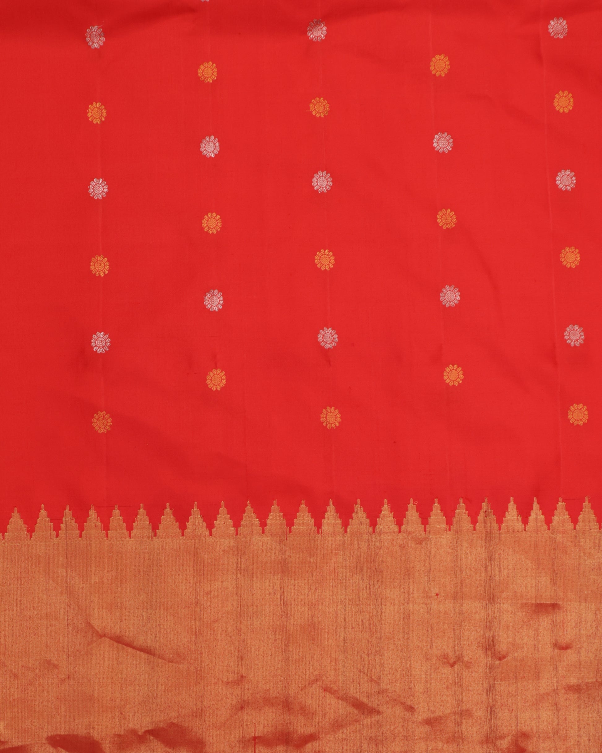 Gadwal silk saree in cream with zari buttas and orange contrast