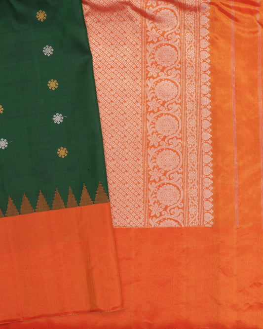 Green Gadwal silk saree with orange tissue border