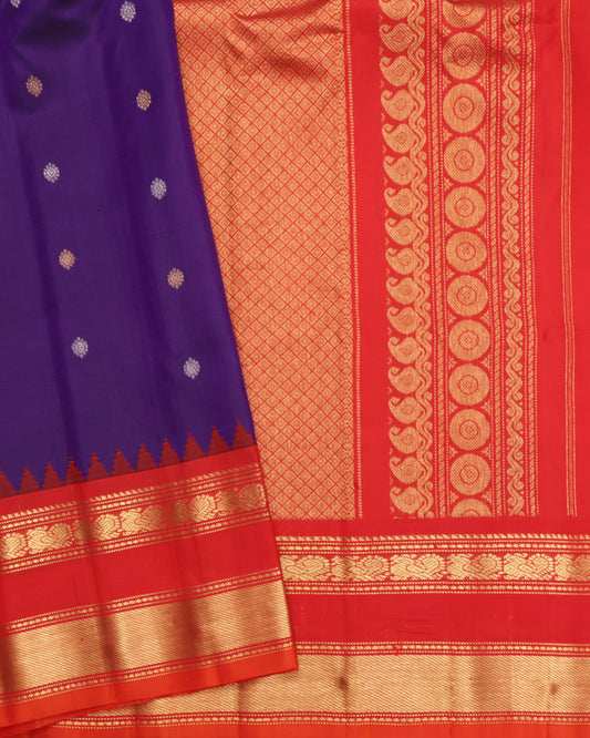Purple Gadwal silk saree with red temple border