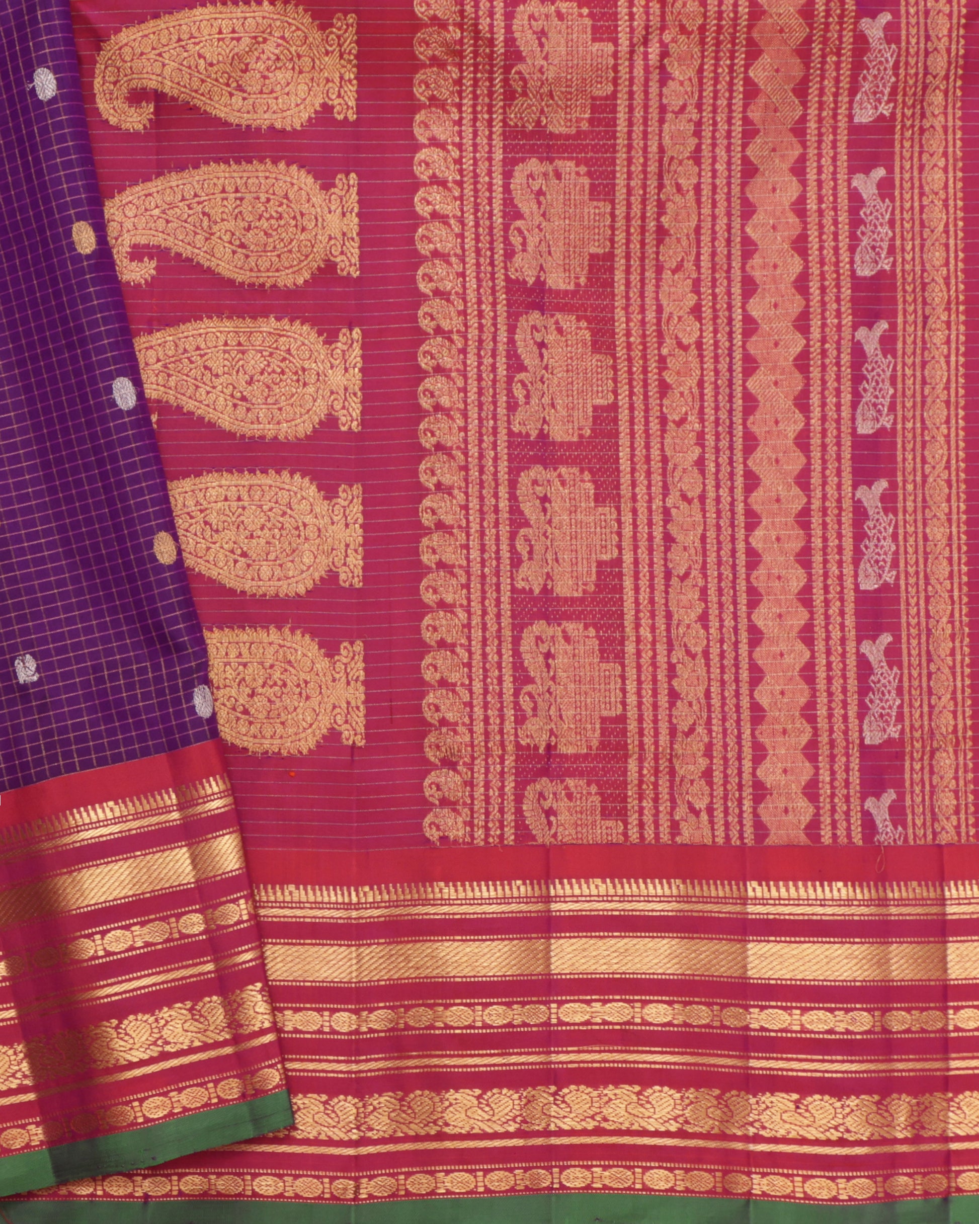 Purple Gadwal silk saree with pink border and green selvedge