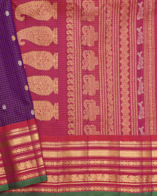 Purple Gadwal silk saree with pink border and green selvedge
