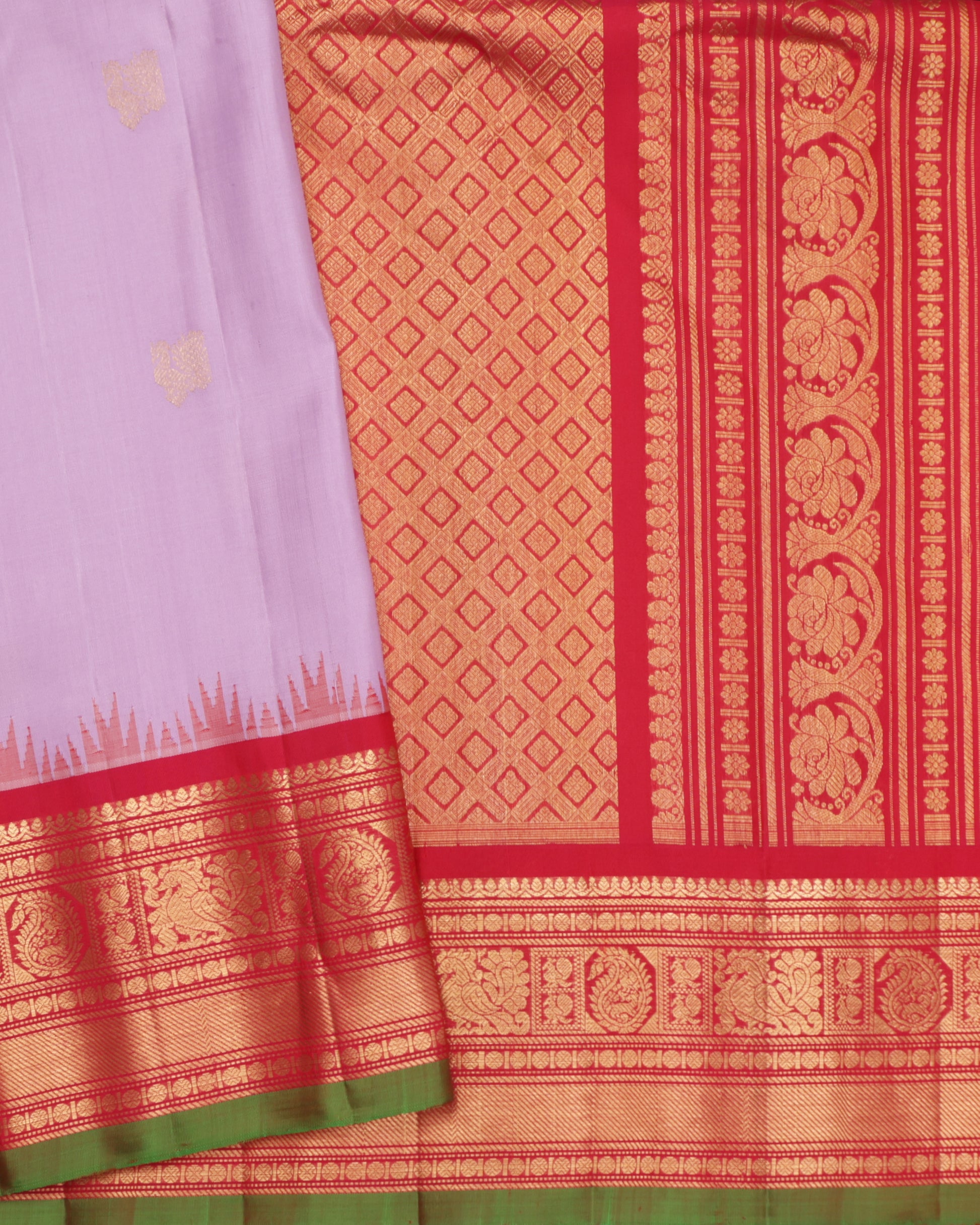 Lavender Gadwal Silk Saree with red zari border and green selvedge