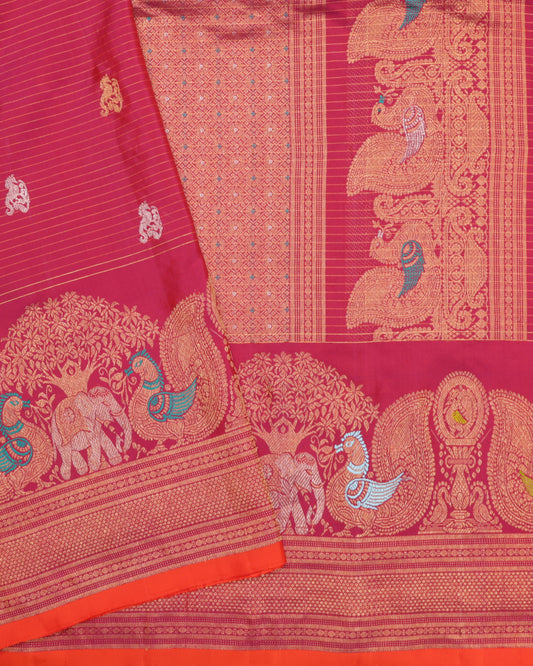Red Gadwal silk saree with elephant and peacock zari motifs on border