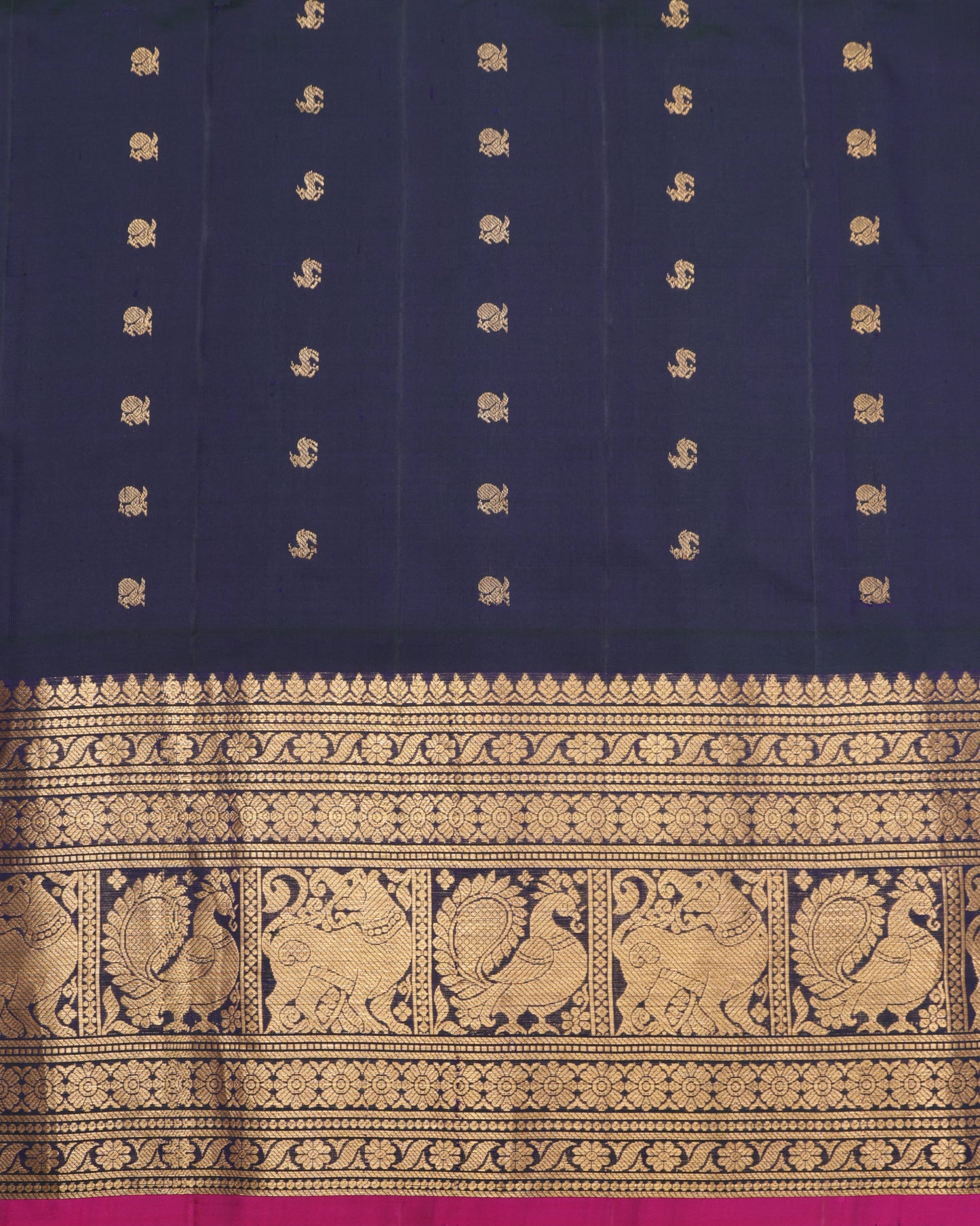 Gadwal silk saree in coral with gold zari buttas and blue border