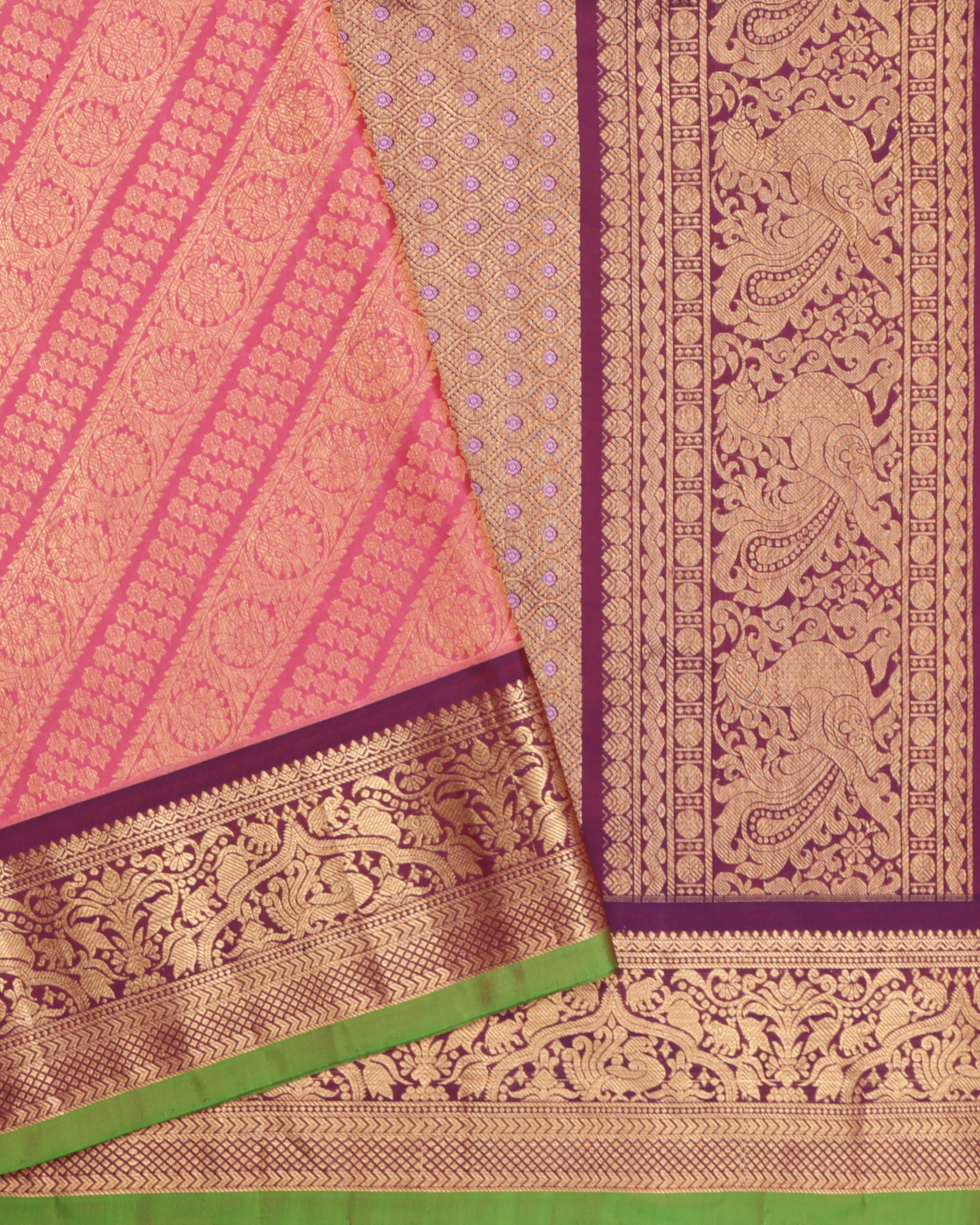 Pink Gadwal silk saree with purple zari border and green selvedge