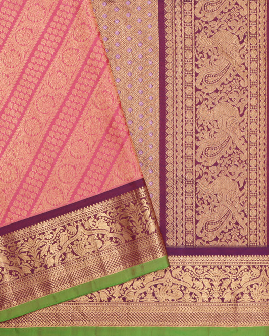 Pink Gadwal silk saree with purple zari border and green selvedge