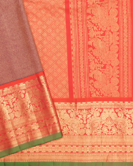 Brown Gadwal brocade silk saree with orange zari border and green selvedge