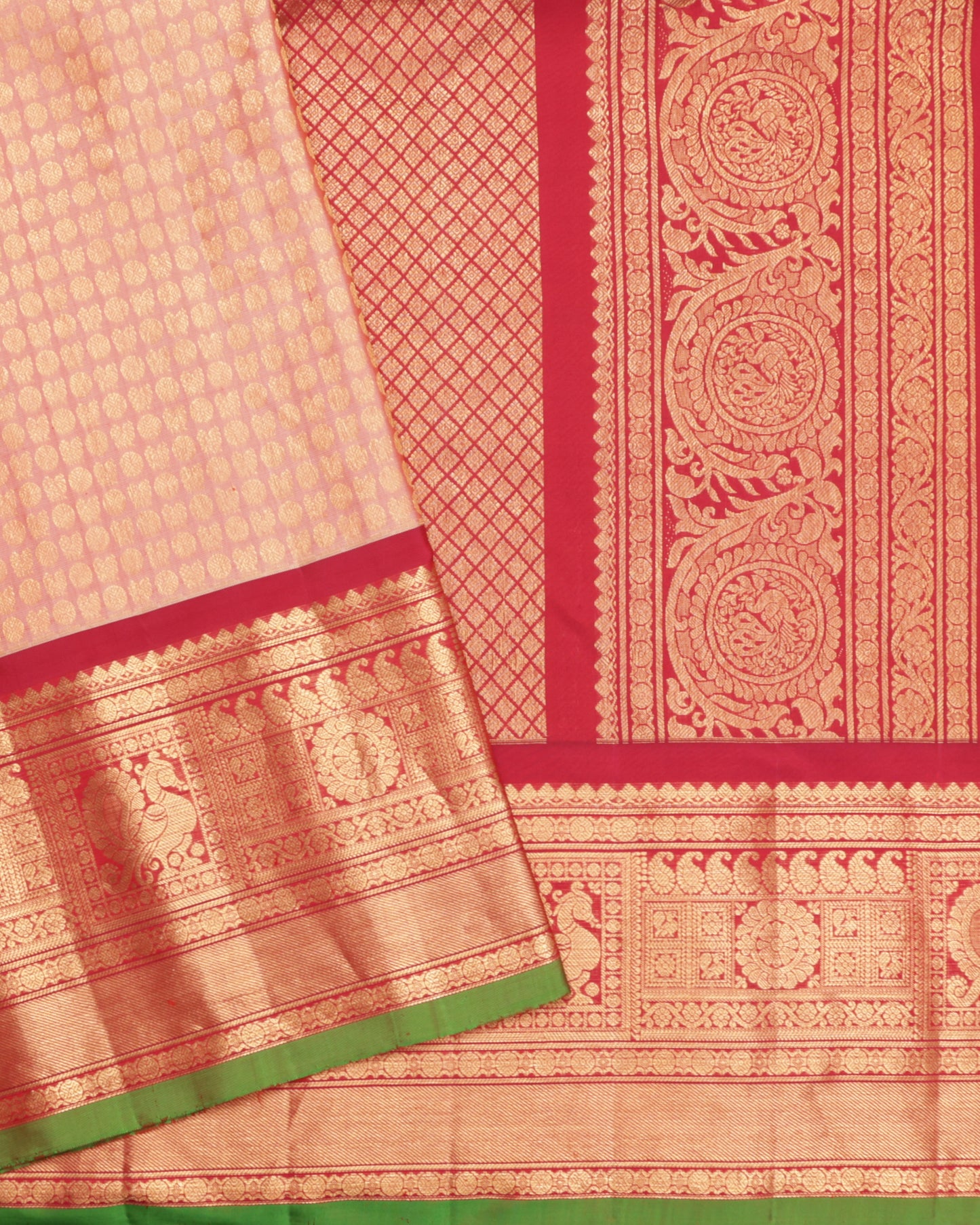 Peach Gadwal silk saree with vermilion zari border and green selvedge