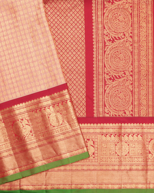 Peach Gadwal silk saree with vermilion zari border and green selvedge