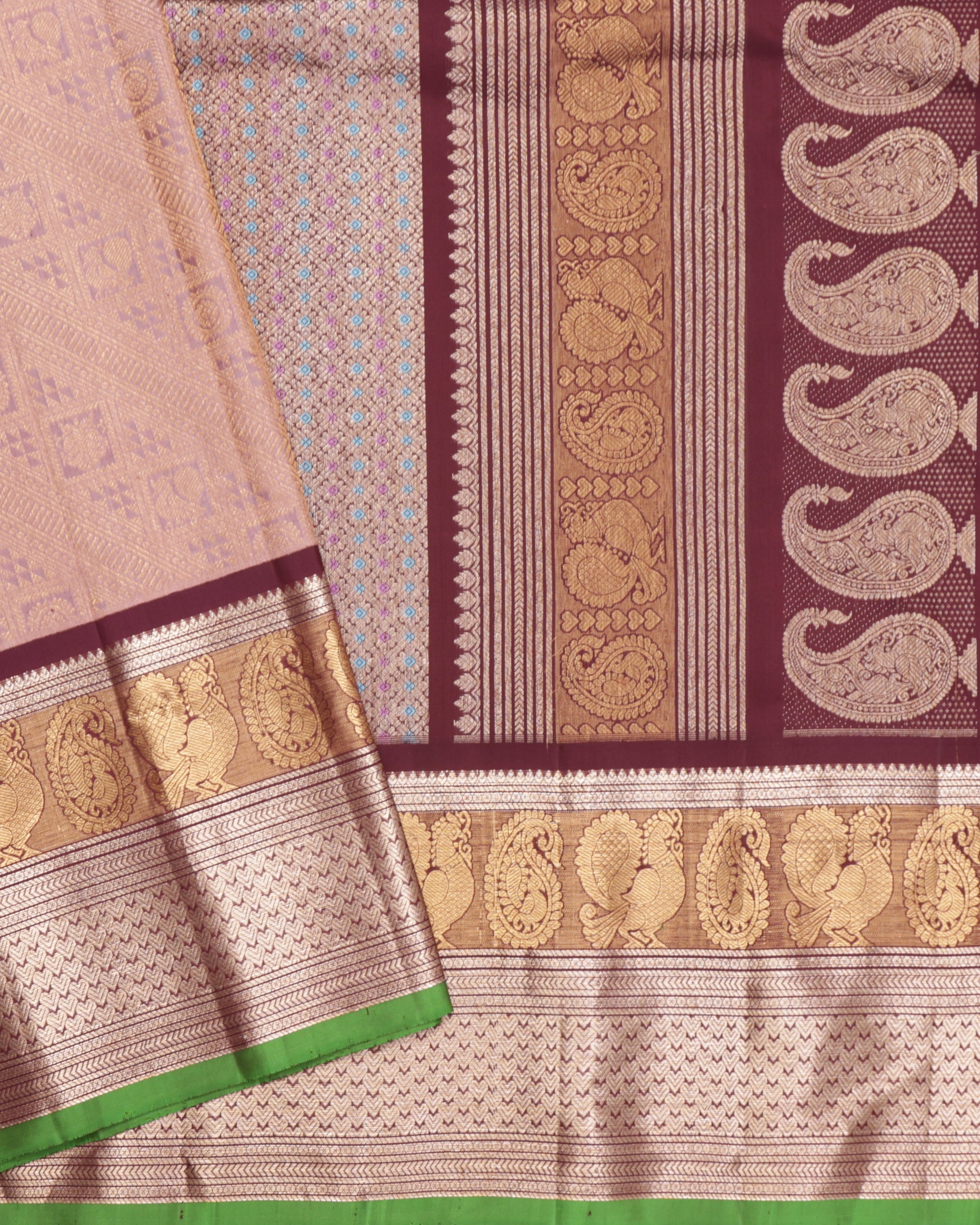 Light peach Gadwal silk saree with maroon border and green selvedge