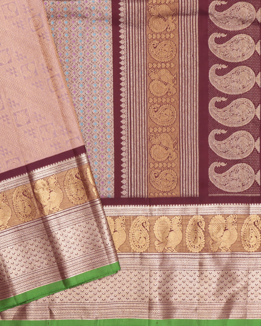 Light peach Gadwal silk saree with maroon border and green selvedge