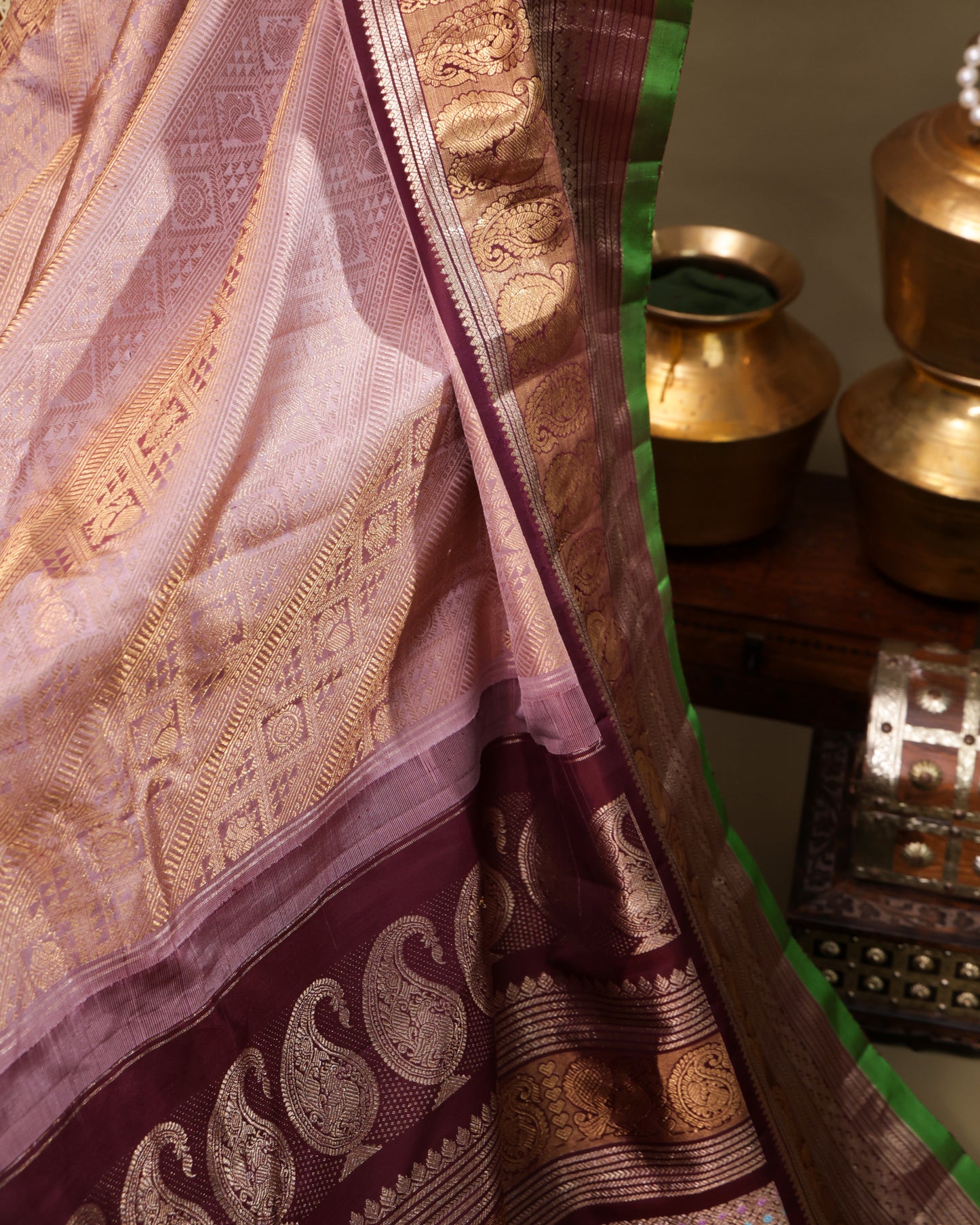 Light Peach Brocade Gadwal Silk Saree with Maroon Border and Green Selvedge