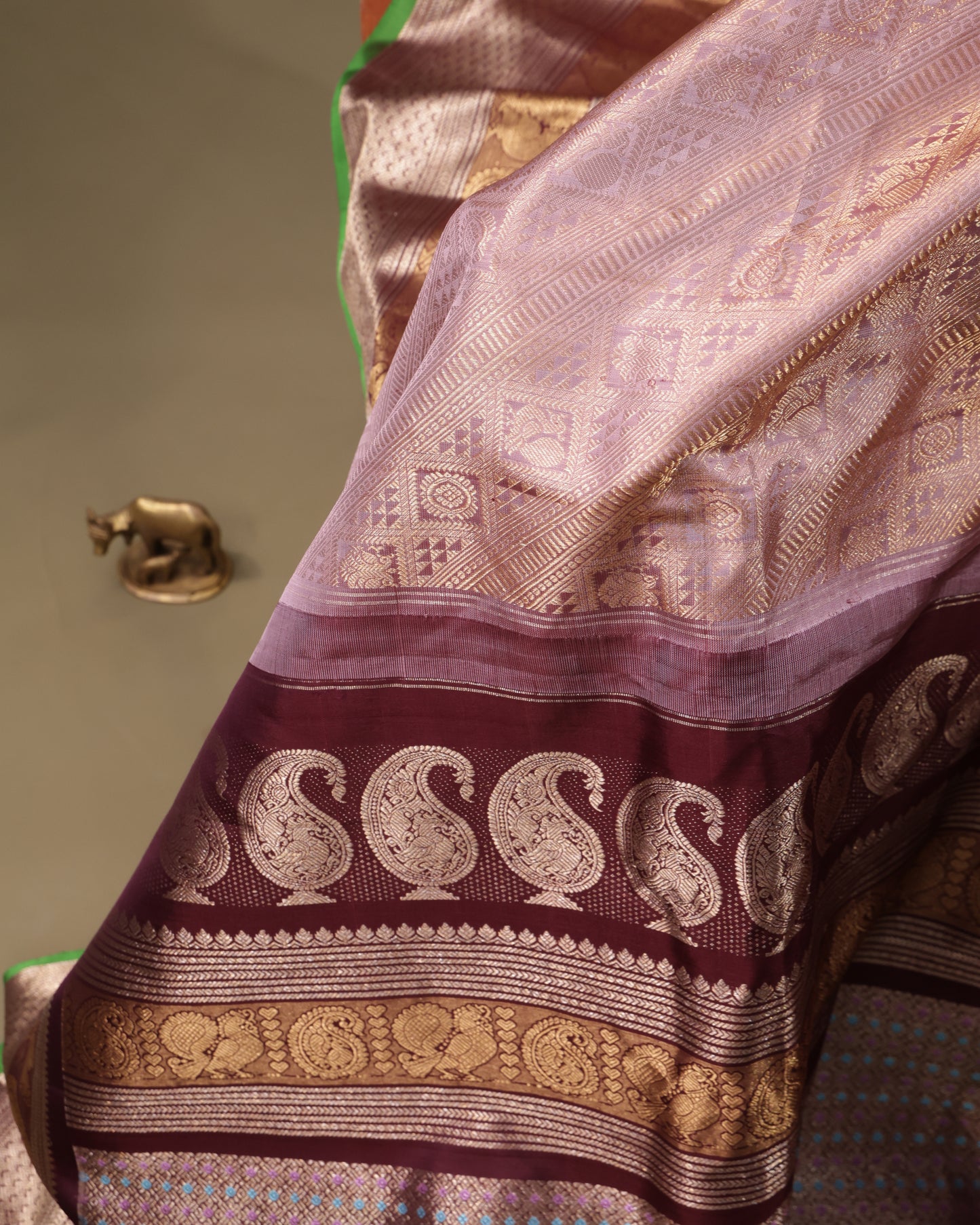 Light Peach Brocade Gadwal Silk Saree with Maroon Border and Green Selvedge