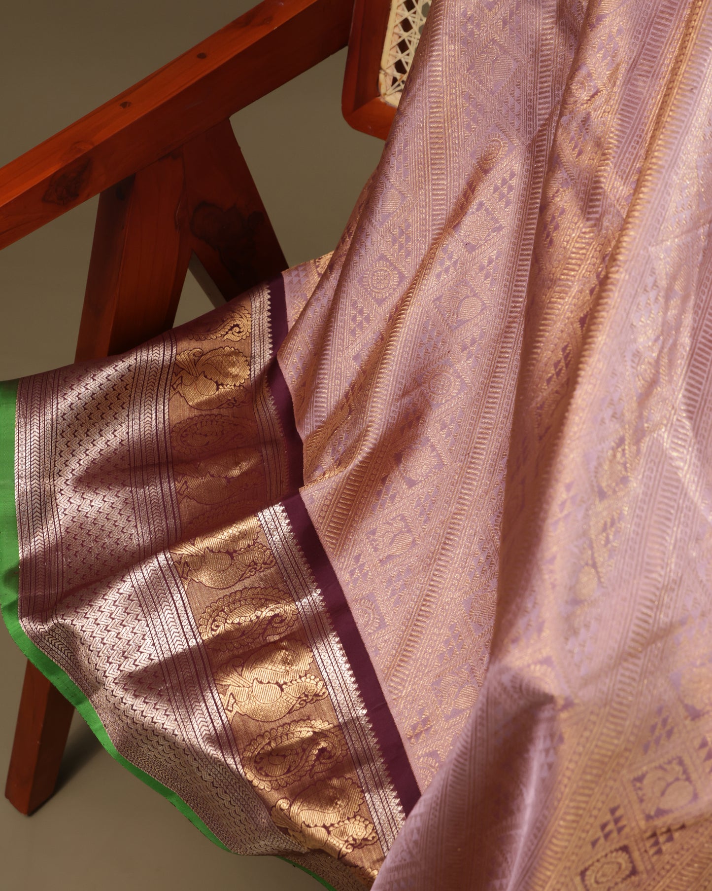 Light Peach Brocade Gadwal Silk Saree with Maroon Border and Green Selvedge