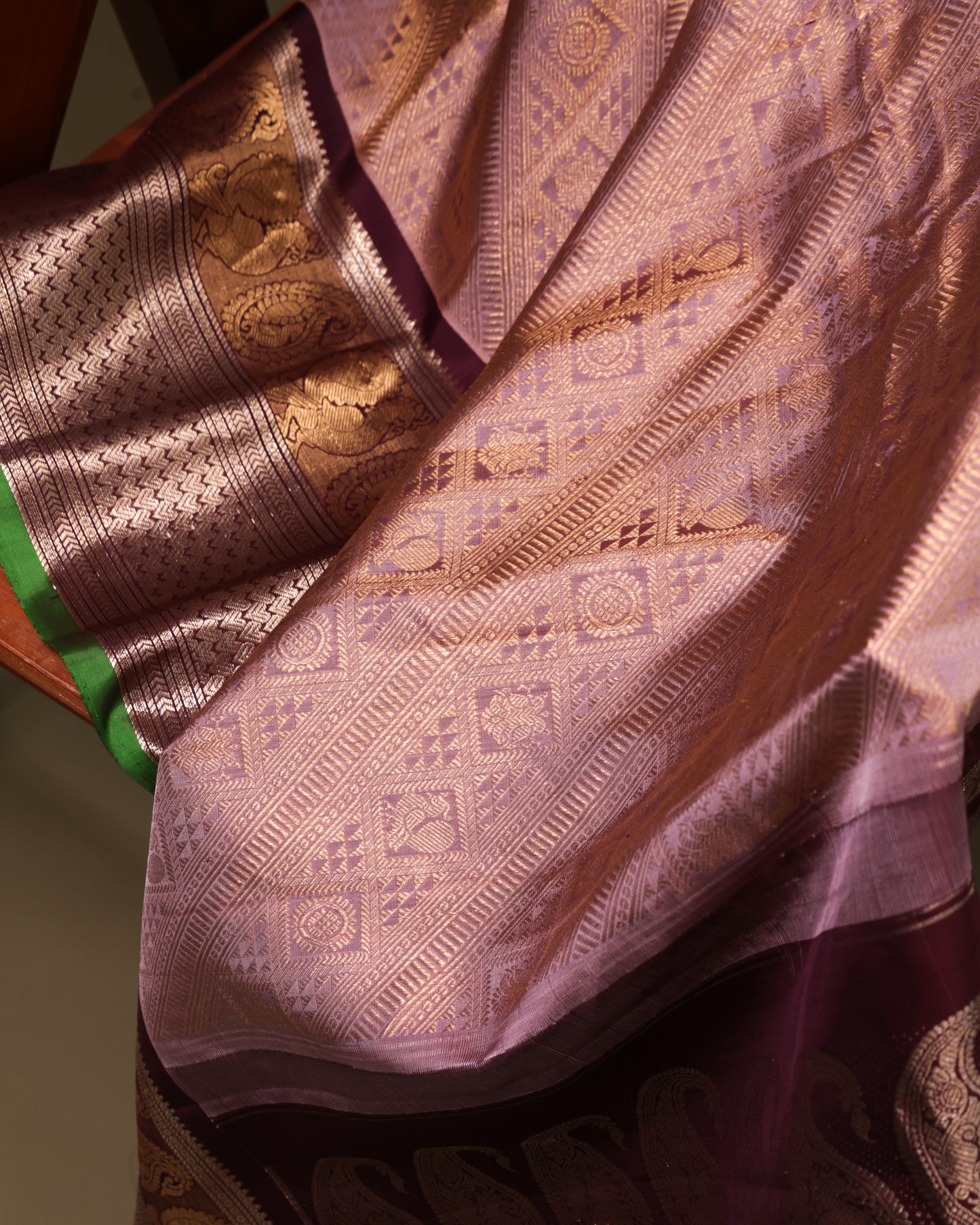 Light Peach Brocade Gadwal Silk Saree with Maroon Border and Green Selvedge