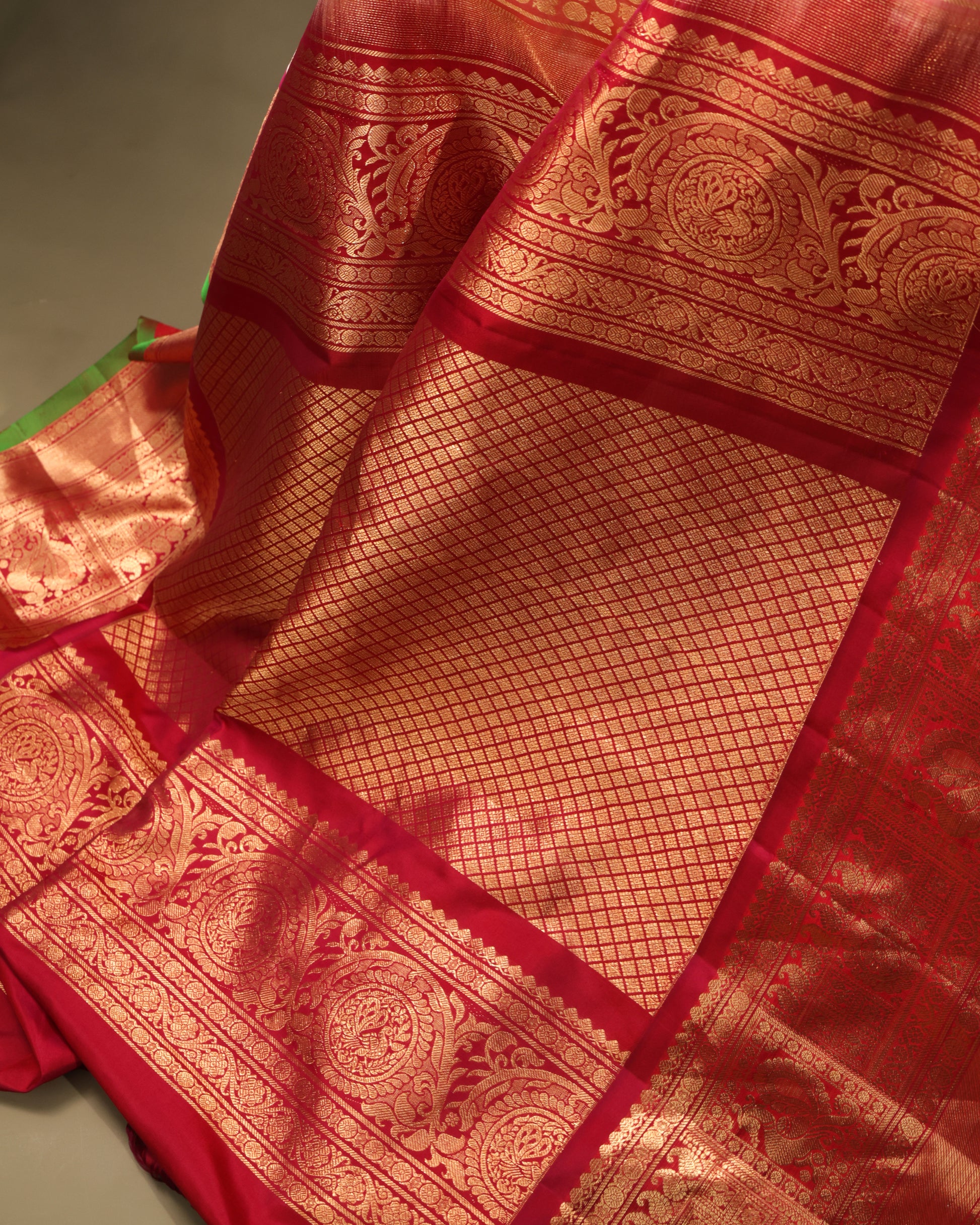 Festive Gadwal silk saree in peach with contrast vermilion border