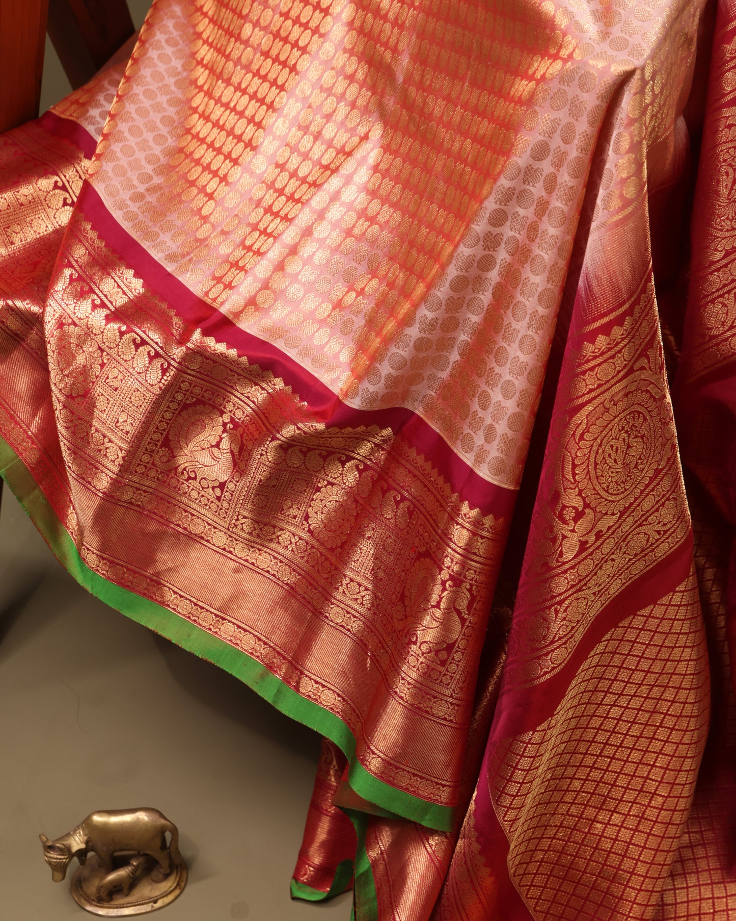 Peach Brocade Gadwal Silk Saree with Vermilion Zari Border and Green Selvedge