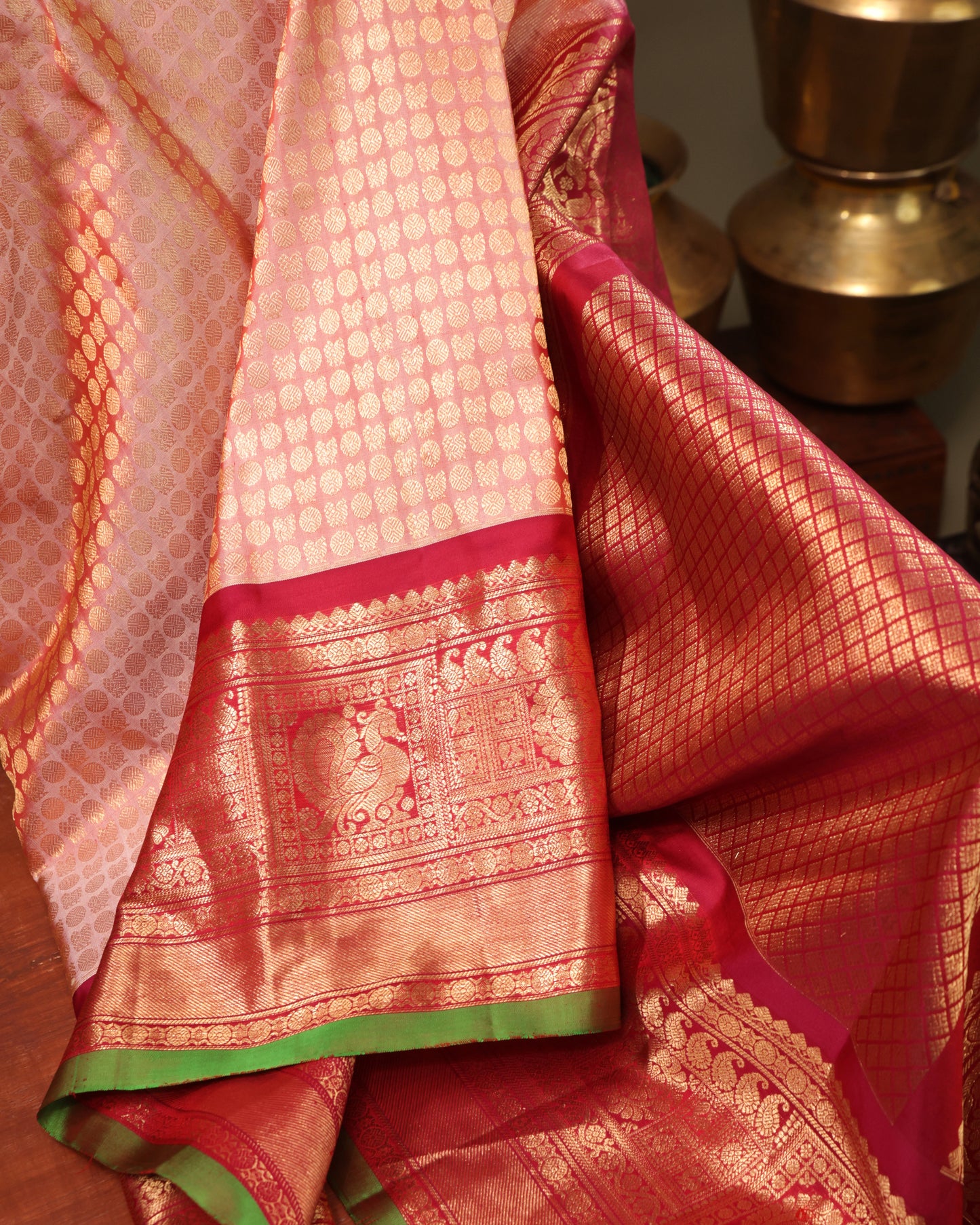 Peach Brocade Gadwal Silk Saree with Vermilion Zari Border and Green Selvedge
