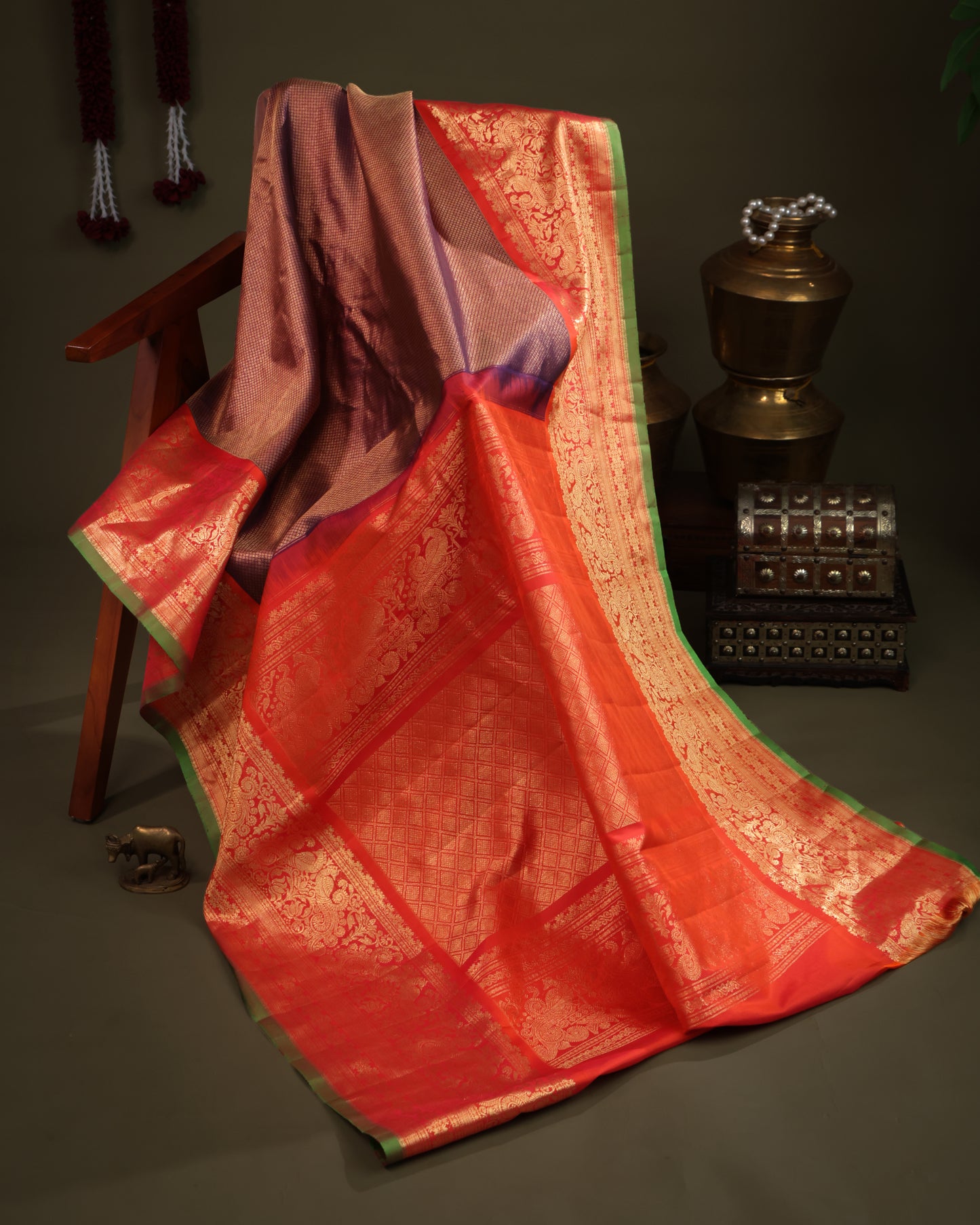 Wedding wear brocade Gadwal silk saree with peacock and floral motifs