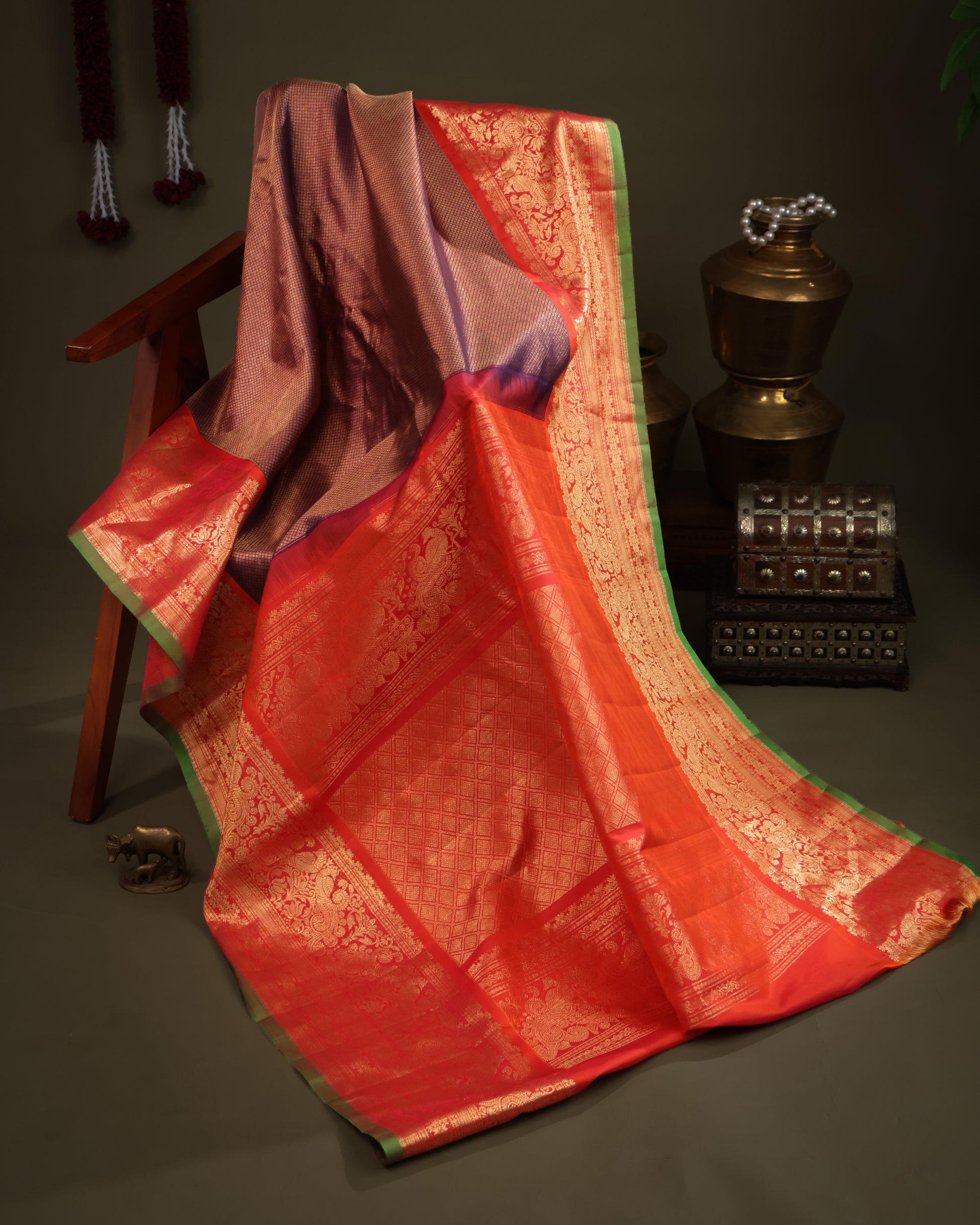 Wedding wear brocade Gadwal silk saree with peacock and floral motifs