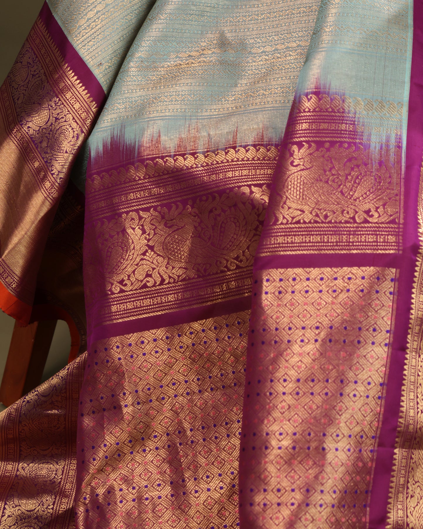 Wedding wear Gadwal silk saree in aqua blue and purple