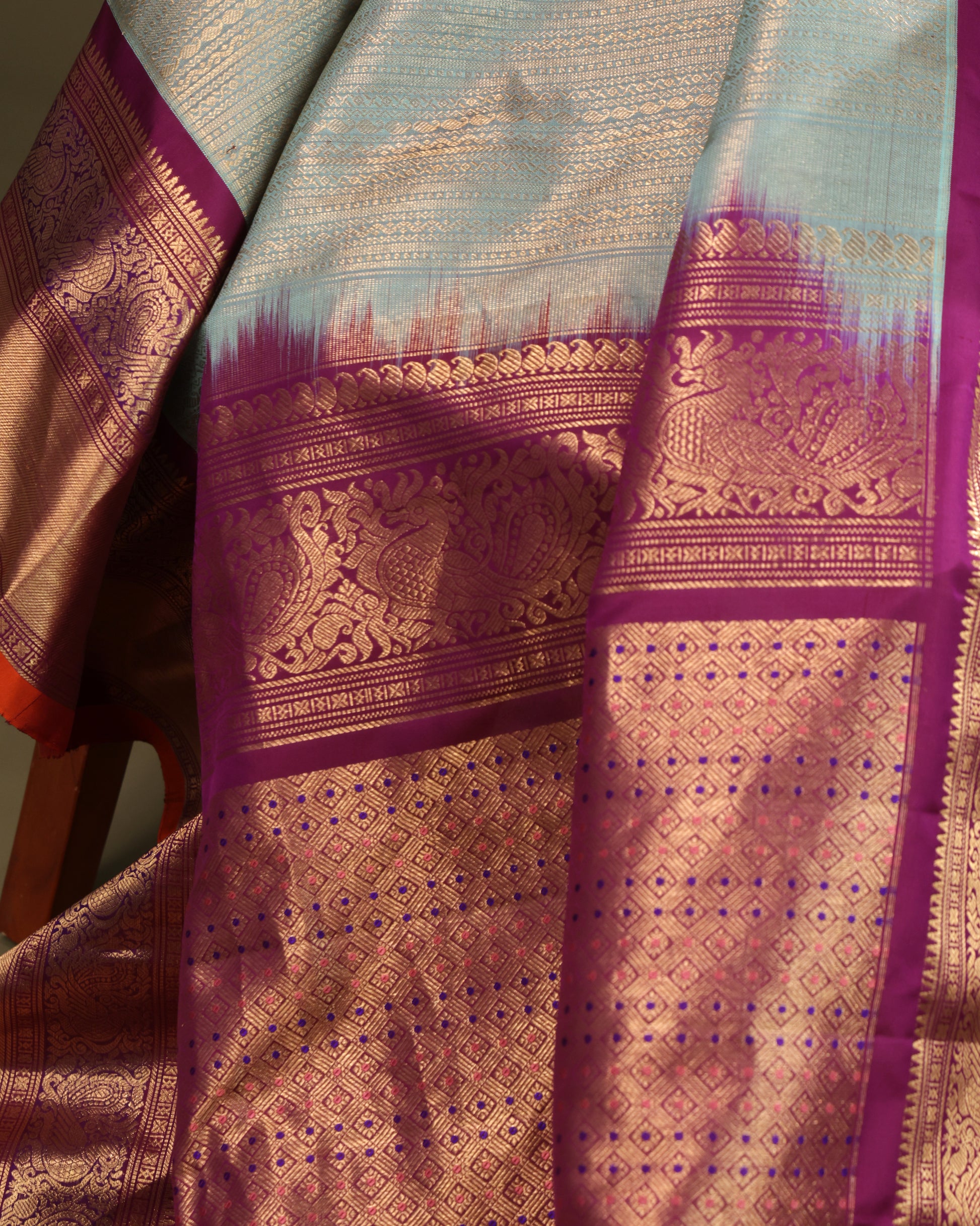 Wedding wear Gadwal silk saree in aqua blue and purple