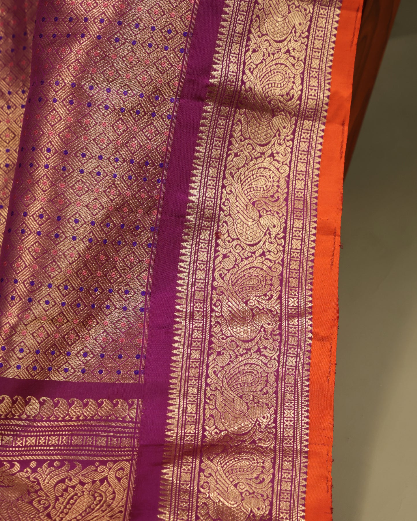 Traditional aqua blue silk saree with zari border and orange selvedge