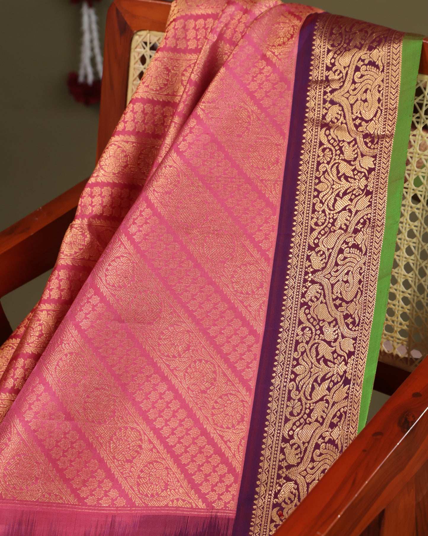 Wedding wear Gadwal silk saree in pink with zari detailing