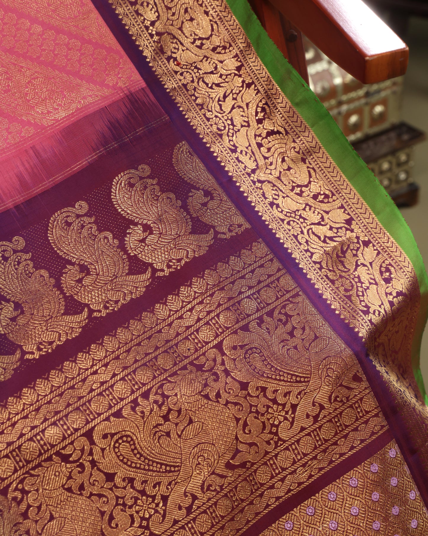 Pink Gadwal Silk Saree with Purple Zari Border and Green Selvedge