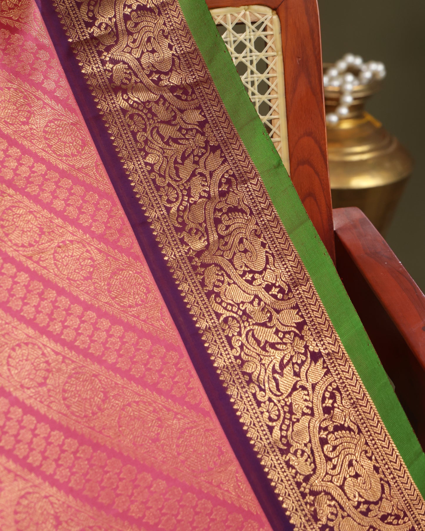 Pink Gadwal Silk Saree with Purple Zari Border and Green Selvedge