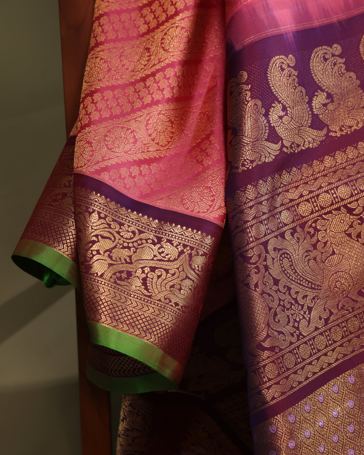 Pink Gadwal Silk Saree with Purple Zari Border and Green Selvedge